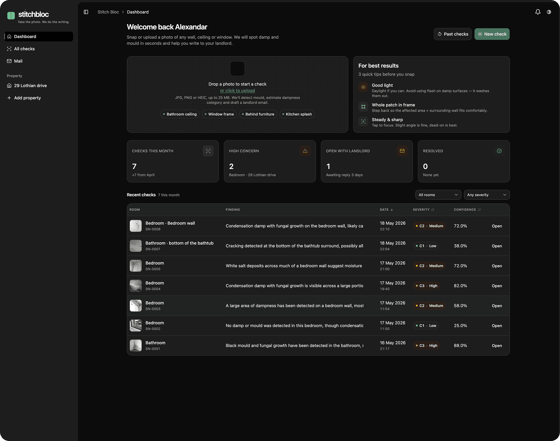 Stitchbloc dashboard showing documented property concerns